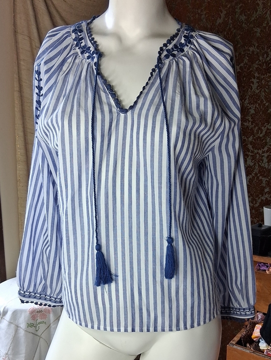 Grifflin Paris Tops - Gryfflin Paris Striped Blue & White Tie-Front Peasant Top L